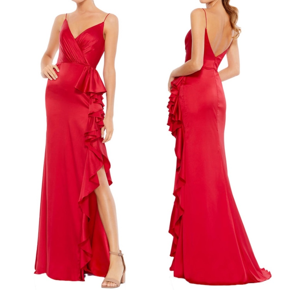 Mac Duggal Satin Ruffled Slit Pleated Bodice Asymmetrical Gown Red Size 6